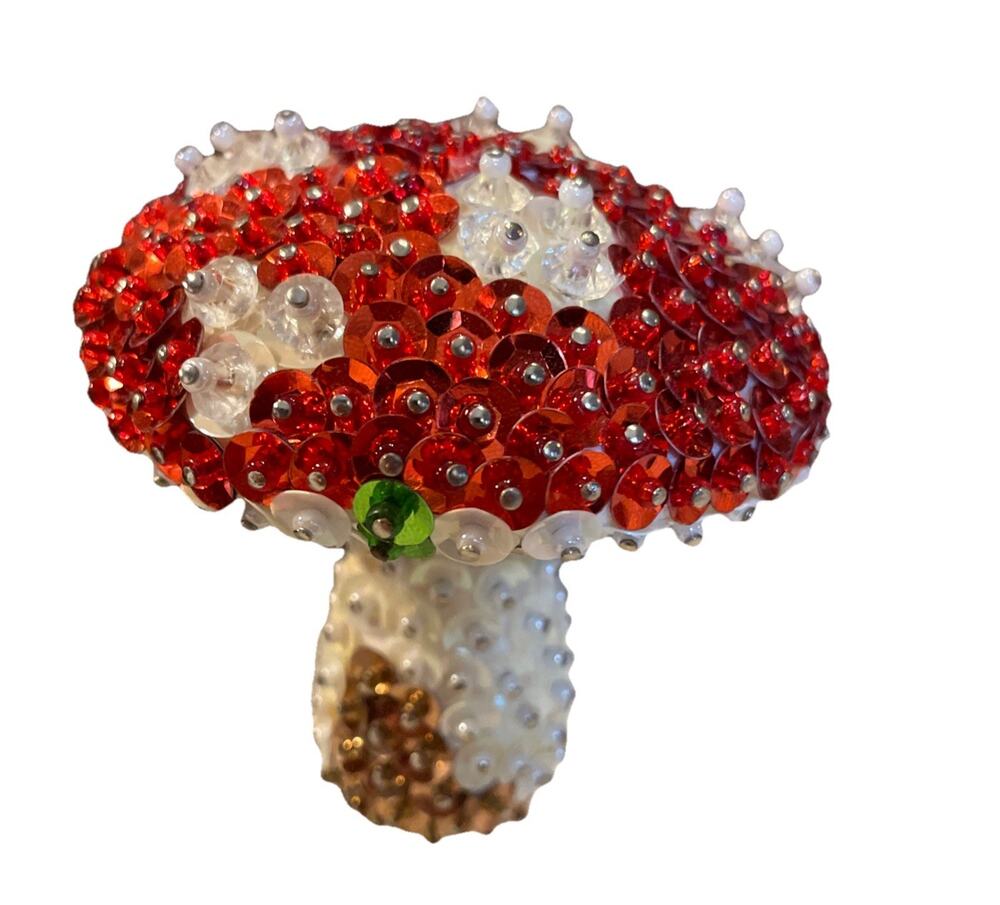 Vintage Red Sequin Mushroom Beaded Push Pin Christmas Ornament Handmade 3” EUC